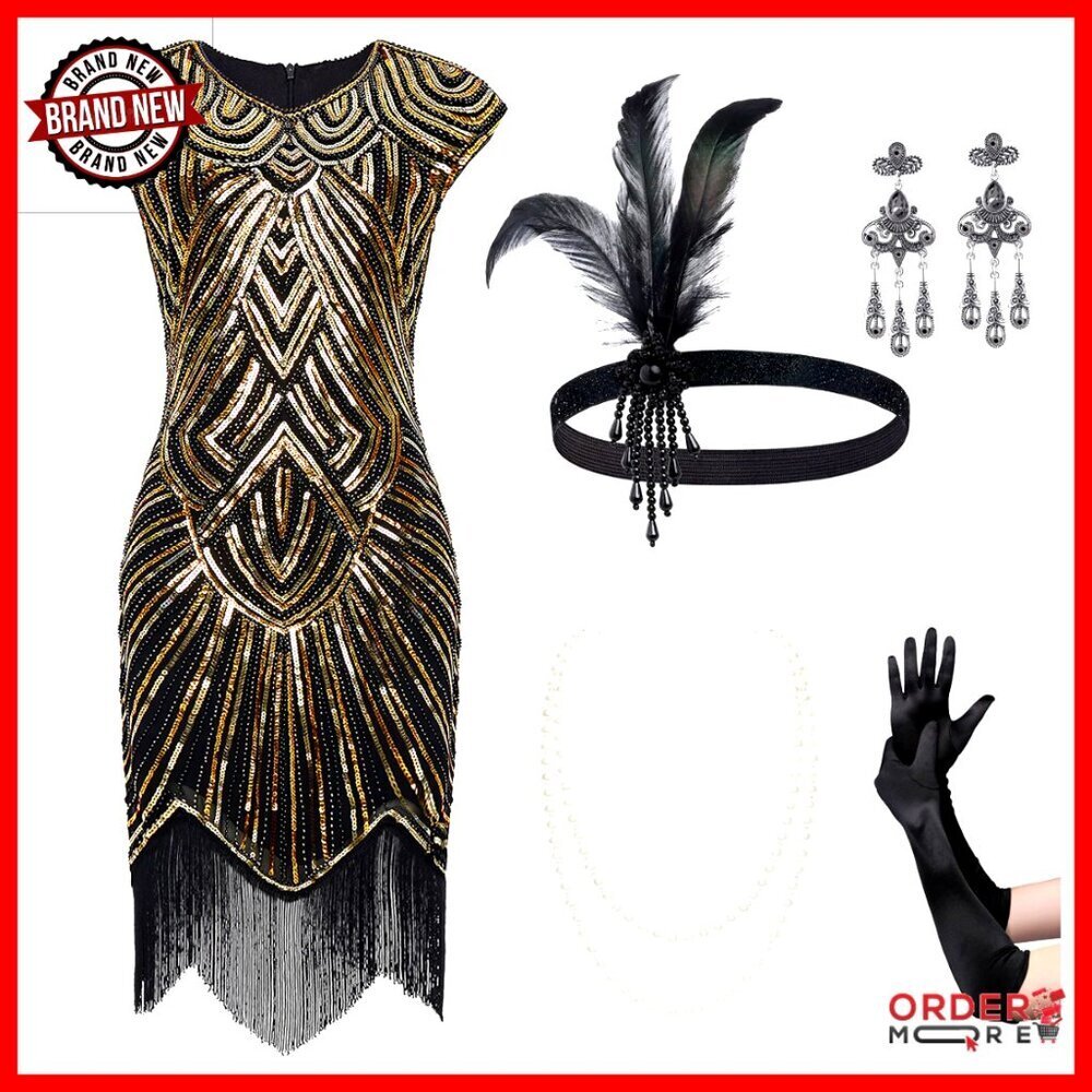 1920s Flapper Dress Set with Fringe and Accessories for Gatsby Parties